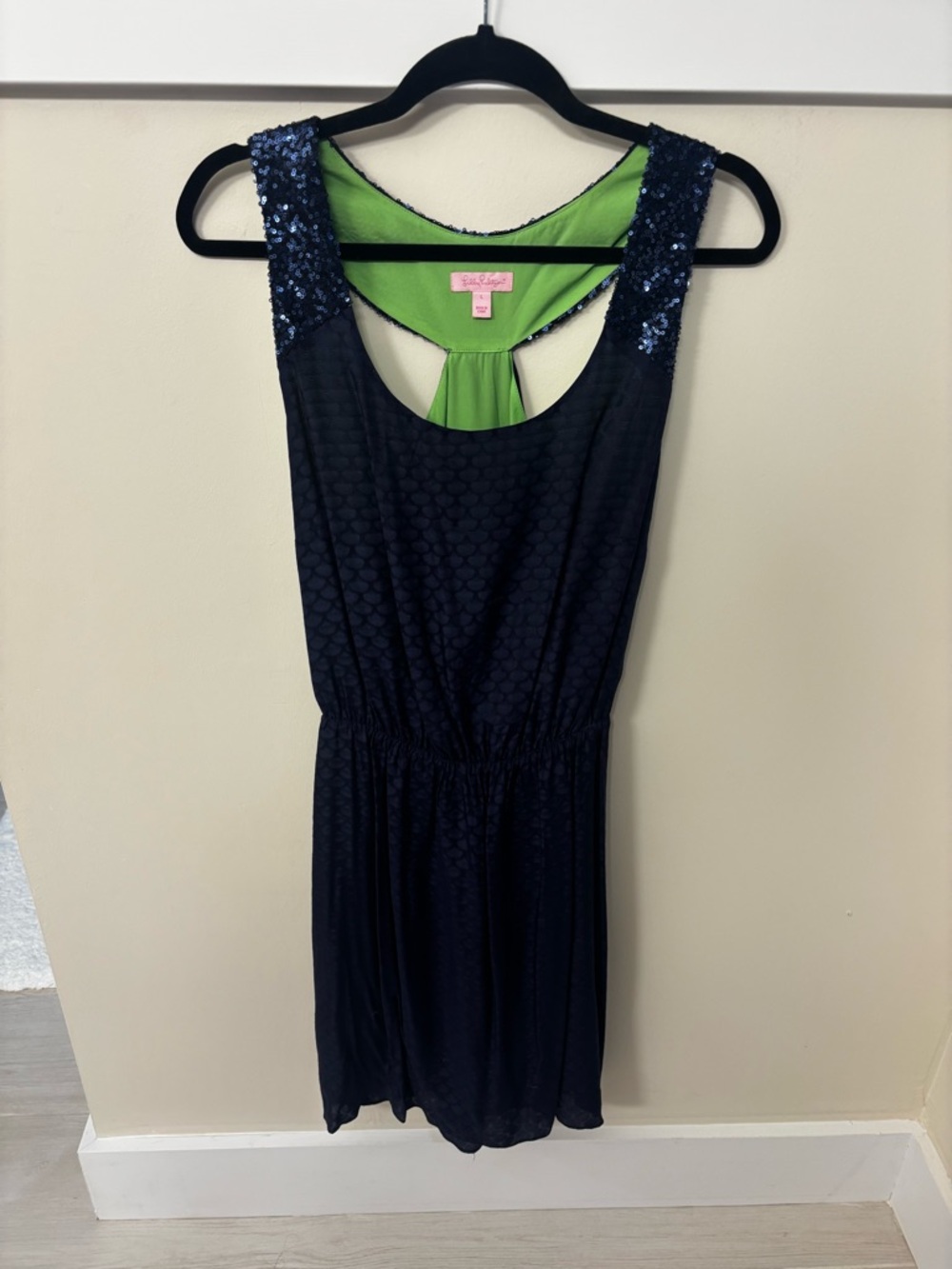 Lilly Pulitzer Navy Dress with Sequin Accents and Bright Green Lining